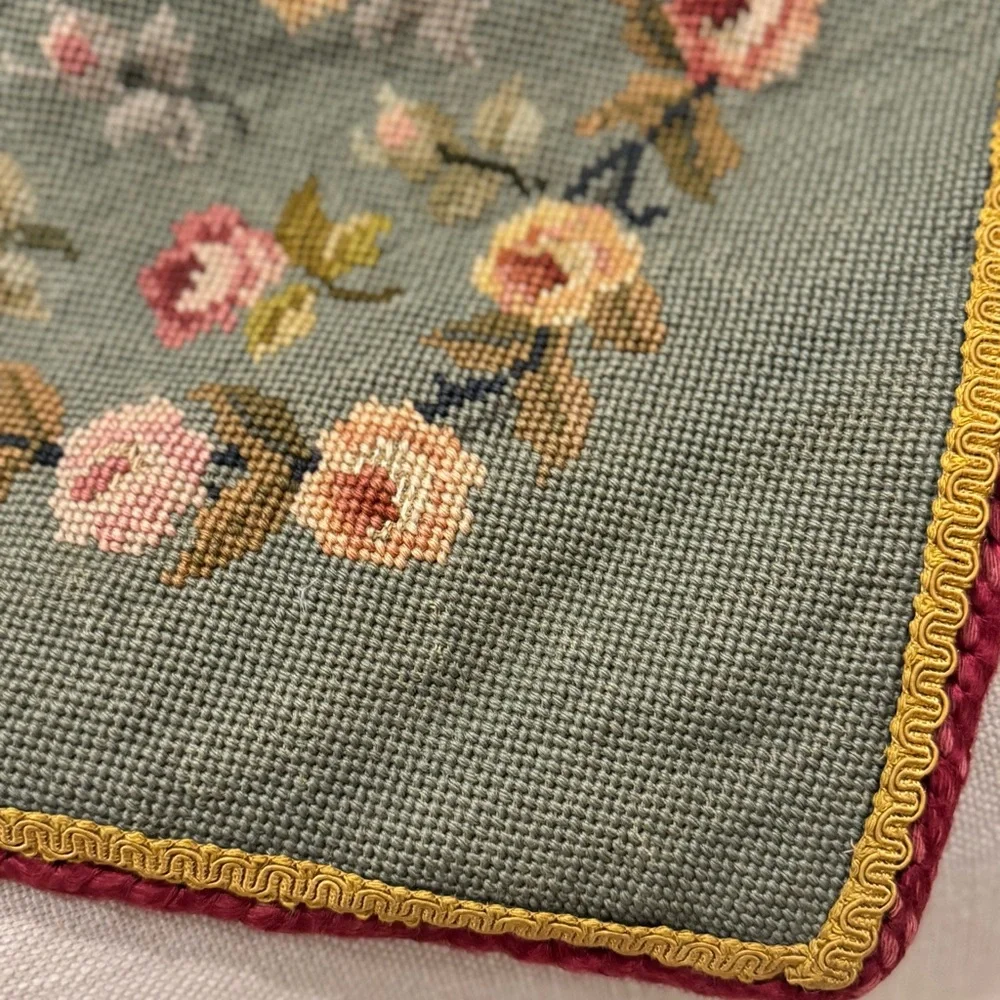 1Hand Crafted Vintage  Rose Floral In Scroll Needlepoint Pillow Cover